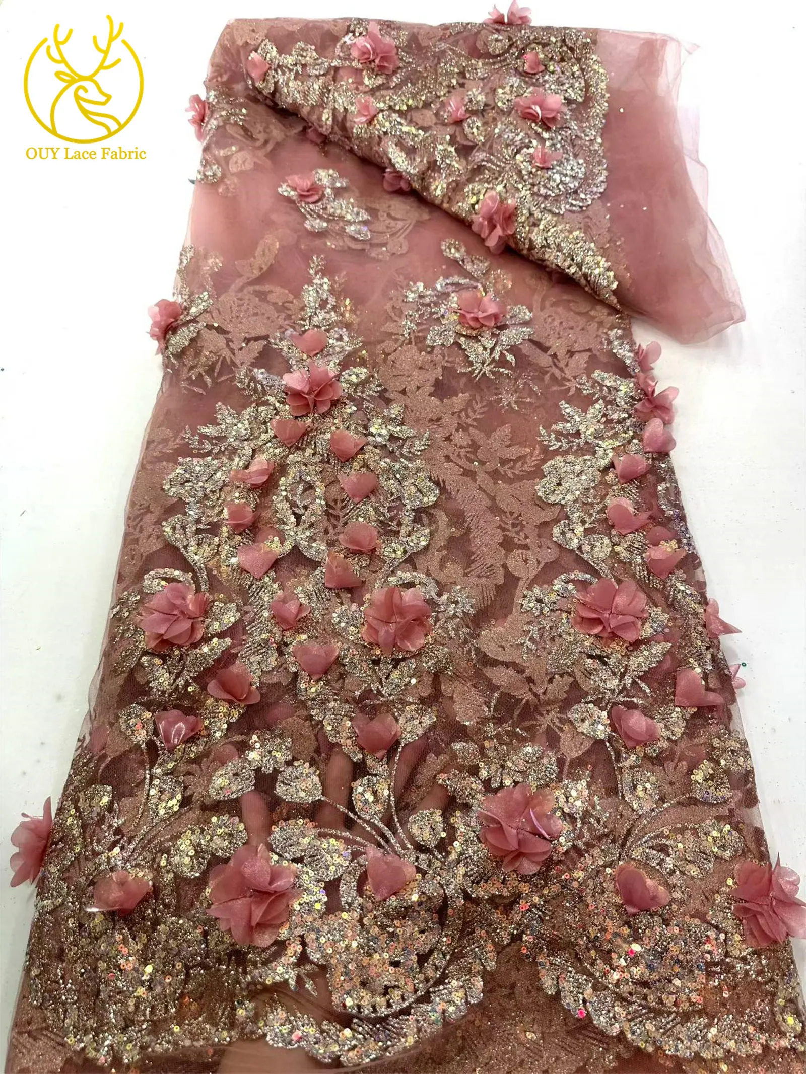 Neuer Stil Afrikanischer 3D-Applikations-Spitzenstoff 2026 Nigerianischer Glitzer-Pailletten-Spitzenstoff für Abschlussball- und Hochzeitskleider zum Nähen, 5 Yards – Detail 14