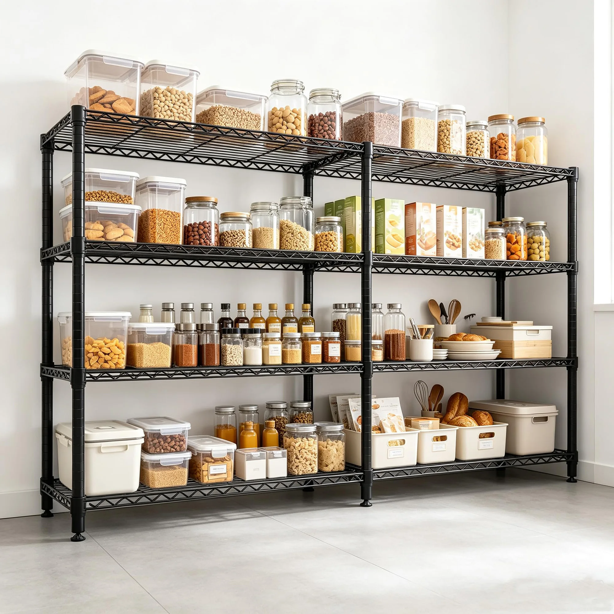 Scaffale metallico a 4 ripiani, 150x35x151 cm, scaffale modulare a forma di L, portata massima 481 kg, ideale per garage, cucina, dispensa e lavanderia.