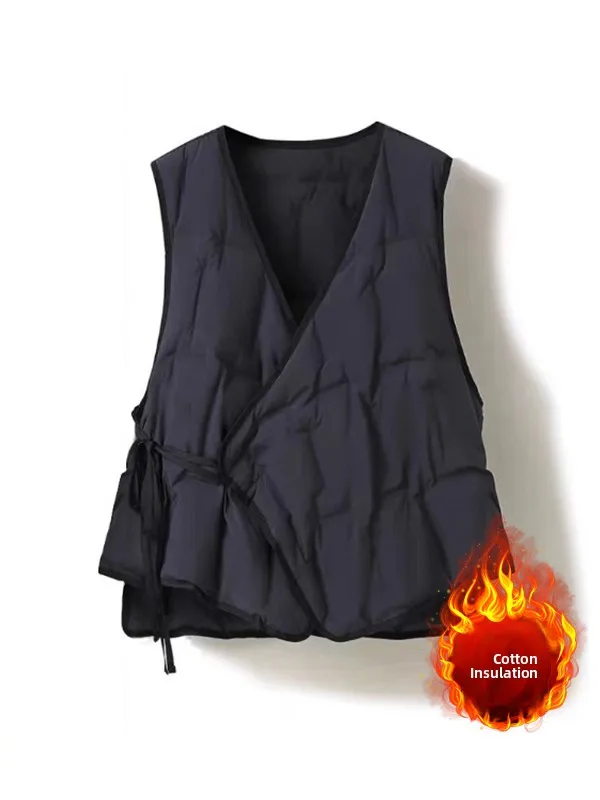 

Художественный модный стеганый теплый жилет-куртка большого размера для женщин с боковой завязкой, асимметричным V-образным вырезом на плечах, зимняя верхняя одежда