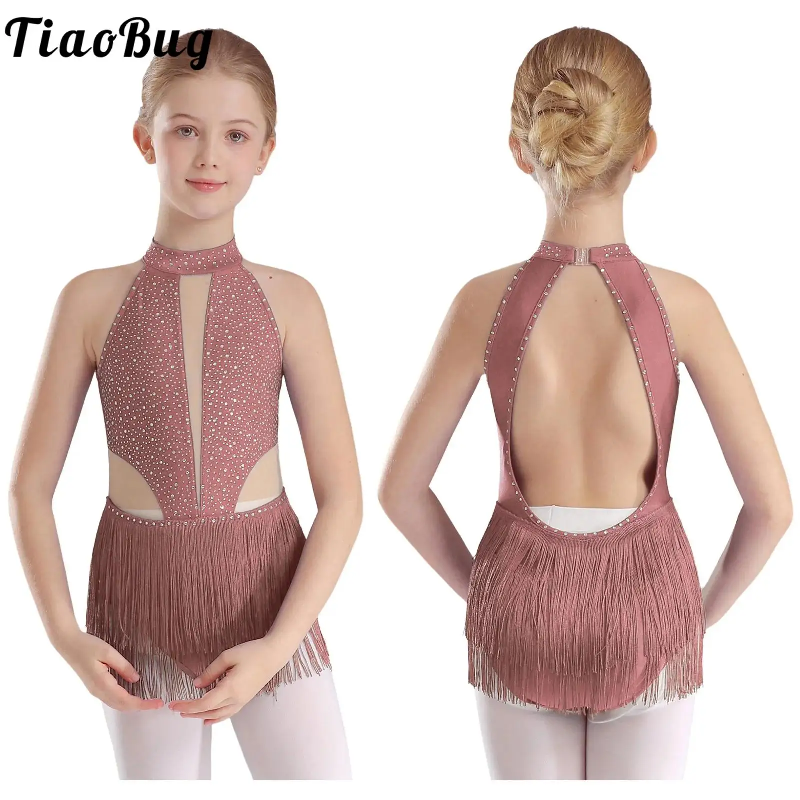 Kids Girls Figure Skating Gymnastics Leotard Rhinestone Sleeveless Fringed Jumpsuit Ballet Latin Cha-cha Tango Dance Costume