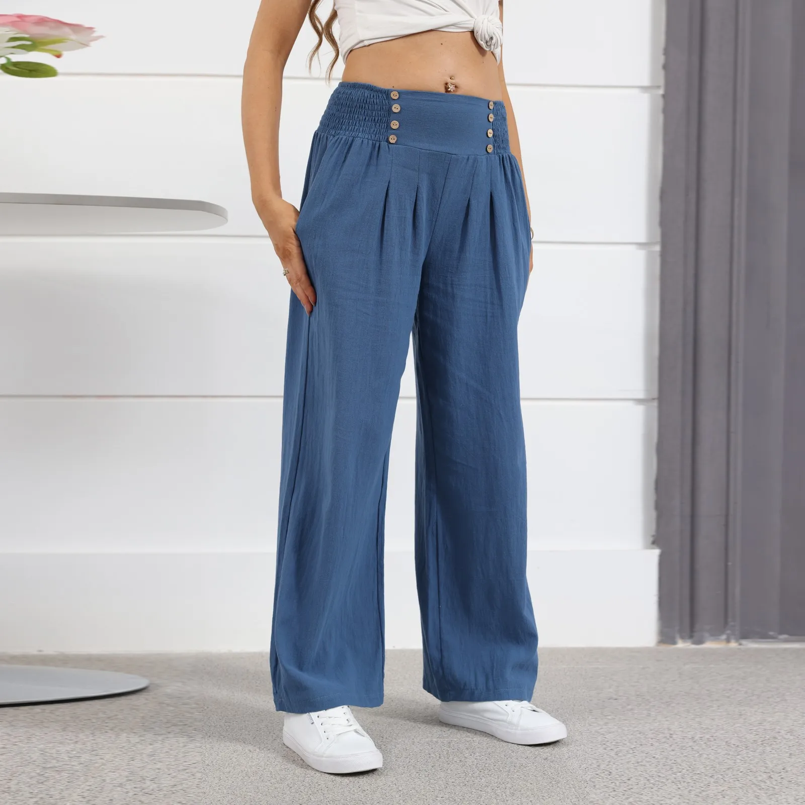 Pantalones de lino y algodón para mujer, Pantalón liso de cintura alta y pierna ancha, holgado, informal, de cáñamo, transpirable, para verano y otoño