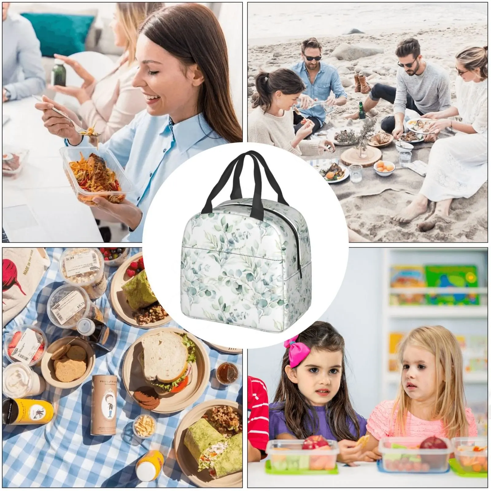 Spring Leaf Floral Sage Thermal Lunch Bag Insulated Lunch Box for Women Meal Bento Tote Bag for Work Picnic Food Bag Cooler Bag