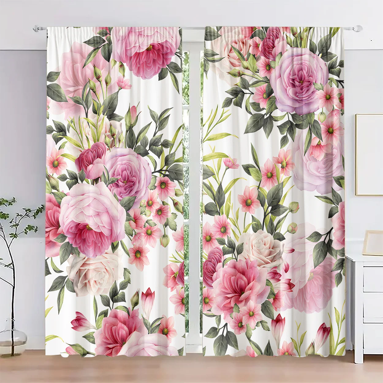Cortinas Opacas con Estampado de Flores Primaverales Retro para Decoración del Hogar, Cortinas Opacas con Bolsillo para Varilla para Dormitorio