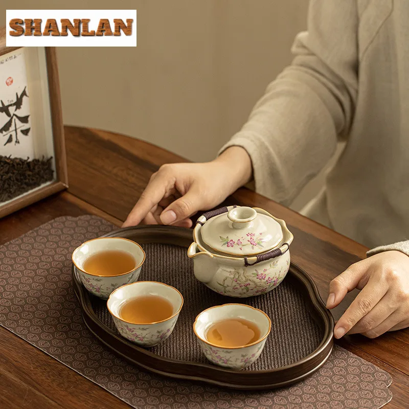 

Ru Kiln Hand Grasping Pot Creative Peach Blossom Tea Set Kit With Begonia Plate Retro Tea Ceremony Set Pot And Cup Teaware Gift