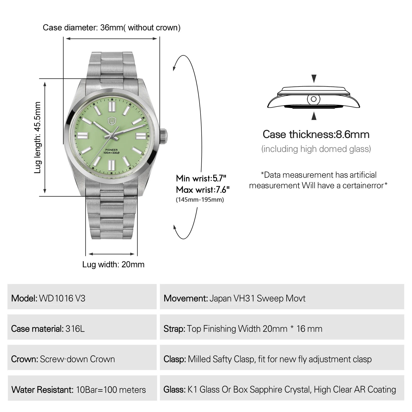 Watchdives WD1016 V3 Multicolored 36Mm Relojes VH31 Sweep Quartz Man Watches Lumes AR K1 Or Sapphire Mirror 10ATM Luxury Watch