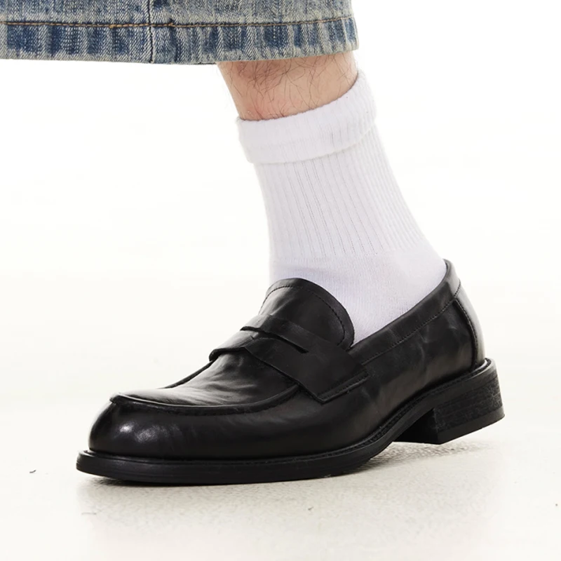 

Elegant slip in loafers for men classic commuting square toe genuine cowhide derby formal dress leather shoes