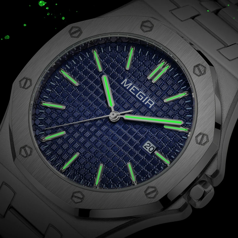 ساعات MEGIR للرجال من الفولاذ الناعم ساعة تناظرية كوارتز أصلية للرجال مقاومة للماء ومضيئة بمينا التاريخ