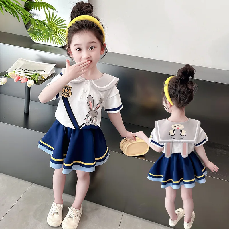 

Rabbit Ear New Girl's Short Sleeve Skirt Summer Dress Little Girl Academy Style Two Piece Set