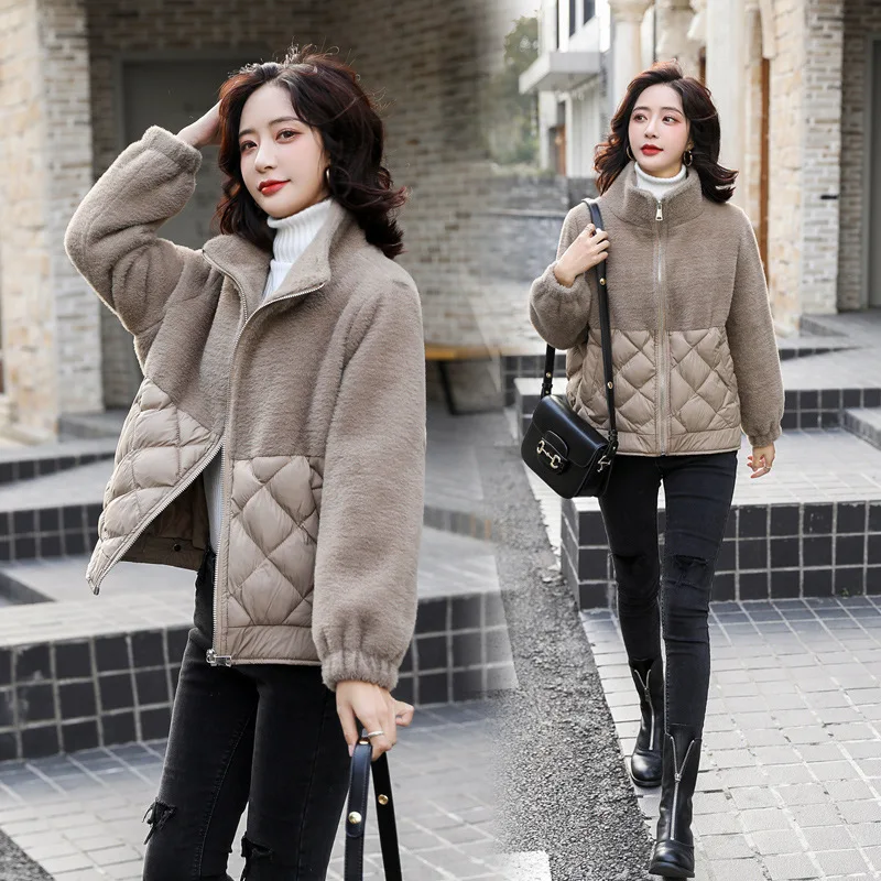 Winter Coat New Down Cotton Stitching Wool Short Cotton Coat Women's Warm Diamond Baseball Cotton Coat Women Winter Jackets