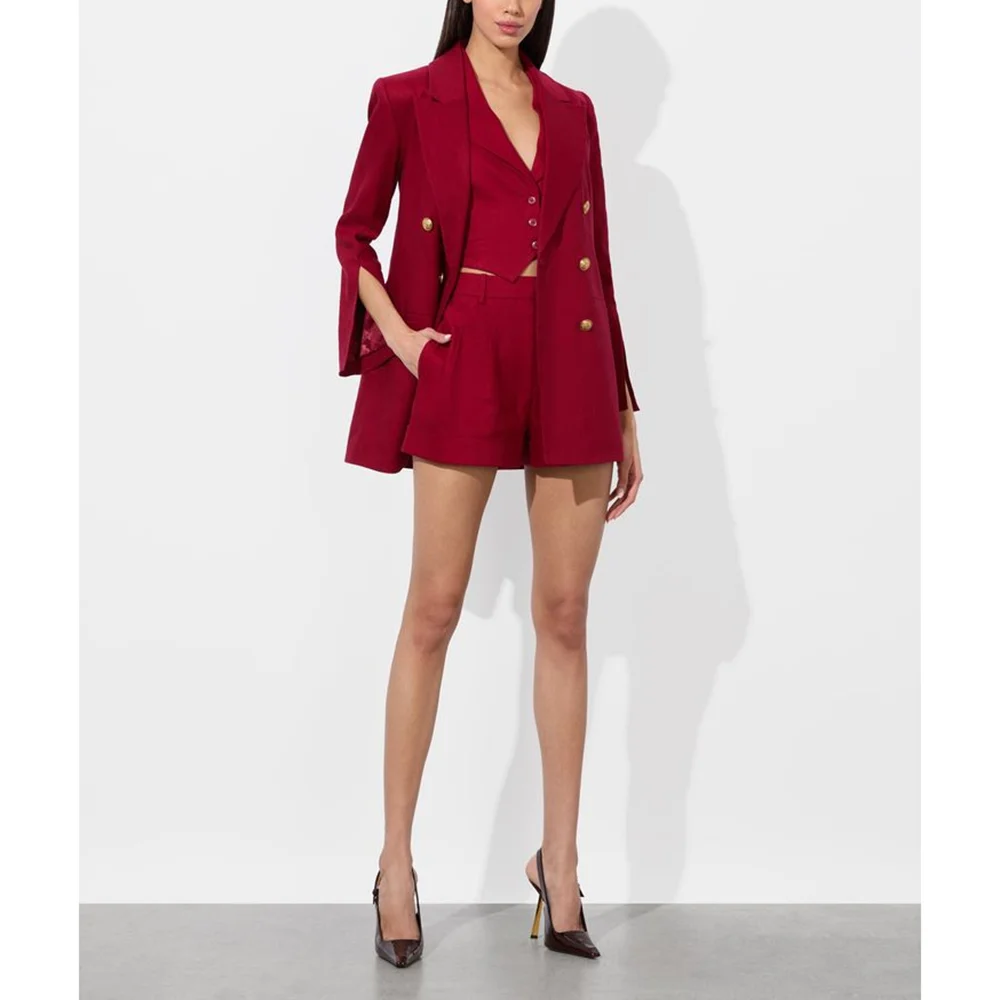 

Fashion Red Double Breasted Peaked Lapel Woman Suits 3 Pieces Blazer+Shorts+Vest Set Formal Party Sets Office Lady Daily Sets