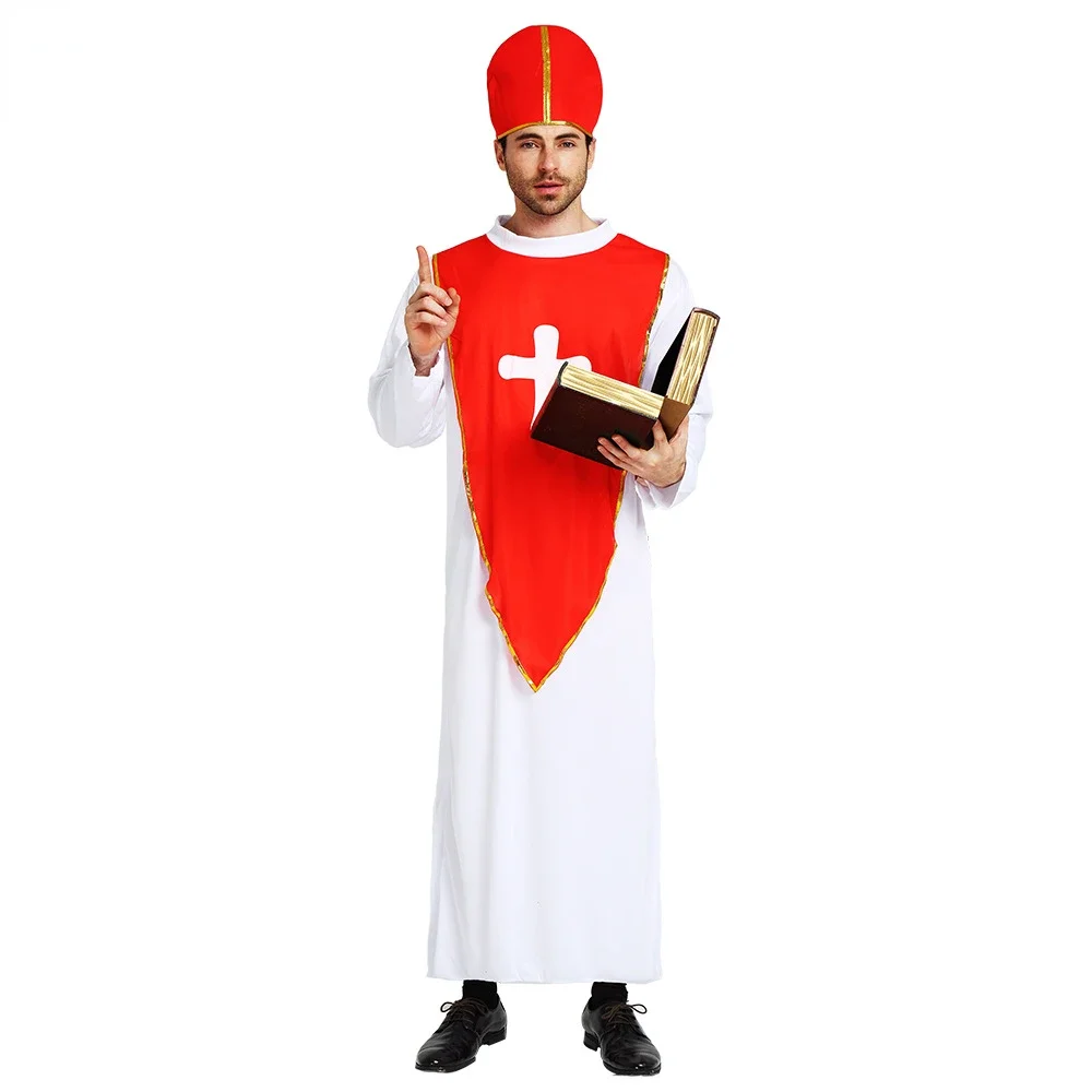 Adult Men's Priest Costume Father Robe Monk Cross for Cosplay Stage Halloween Party Outfit White Red