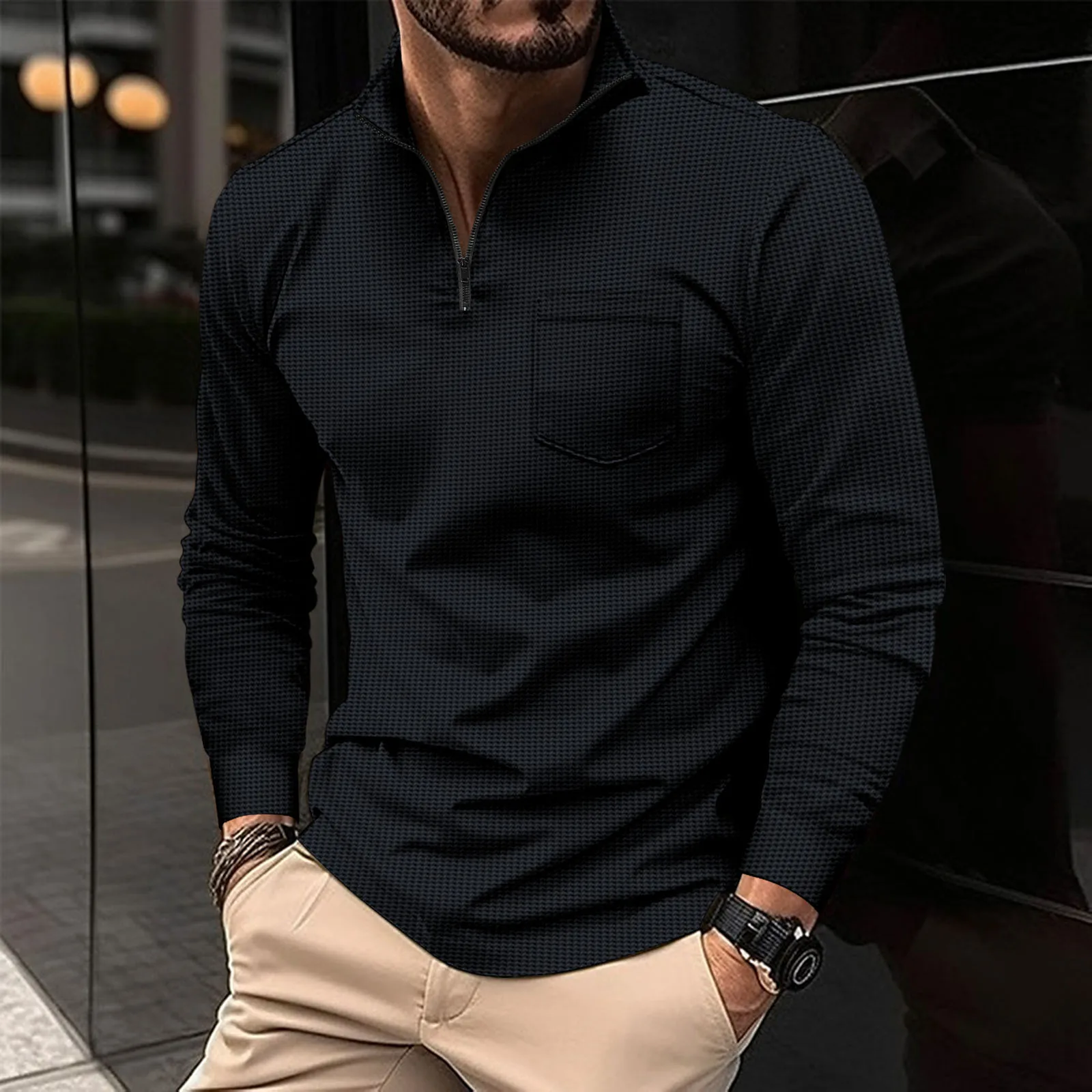 Leisure Spring and Autumn Men\'s Polo Neck Long Sleeve Solid Color T-shirt Pocket Comfortable and Breathable POIO