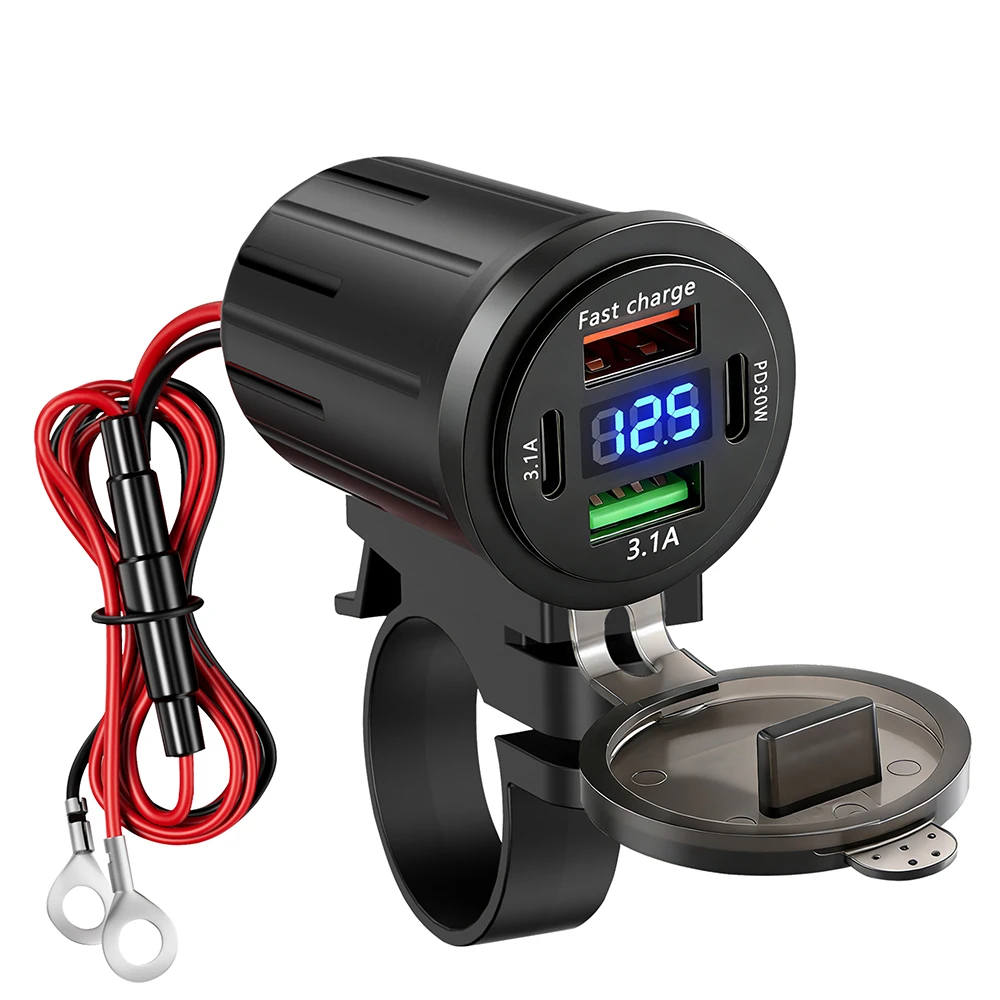USB Motorcycle Charger PD QC3.0 Waterproof Fast Charger Socket Adapter Handlebar Mounting Bracket Charger with Switch Voltmeter