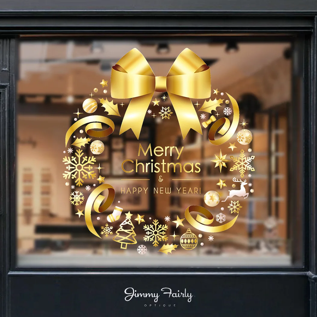 Golden Christmas Garland Window Stickers Christmas Decoration for Home Shopping Mall Showcase Glass Door Decals Snowflake Xmas