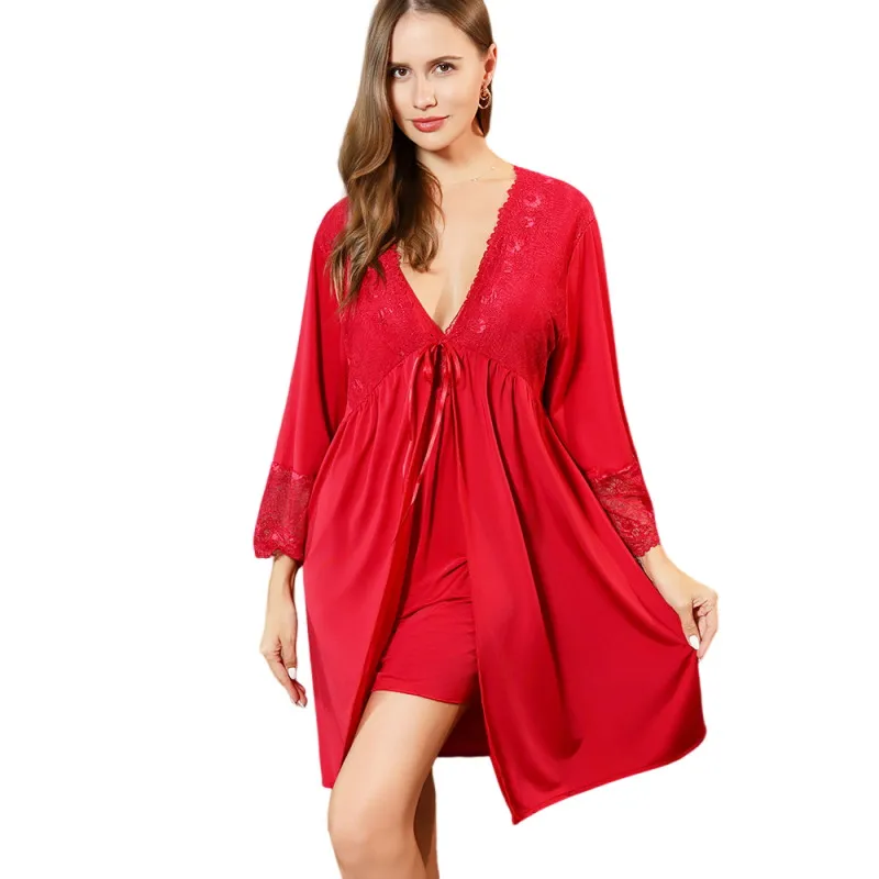

Spring Summer New Female Twinset Robe Set Kimono Bathrobe Gown Sexy Lace Nightgown Lingerie Silky Satin Sleepwear Home Dress