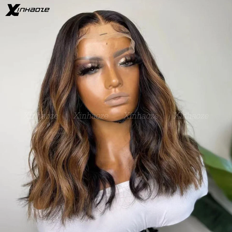 Kurze Bob Natürliche Welle Perücke 13x6 Spitze Frontal Perücken Dunkelbraun Highlight Perücke Menschenhaar für Frauen Remy haar 5x5 Silk Basis Top