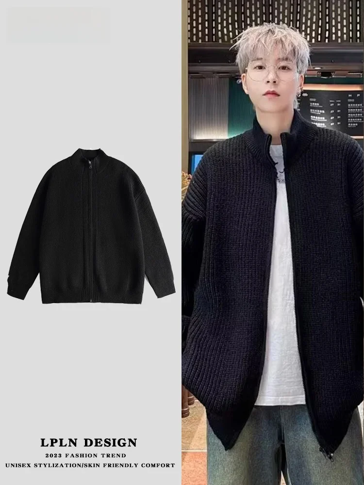 

Мужской вязаный кардиган LPLN в корейском стиле, с воротником на молнии, однотонный, повседневный, свободный, для осени