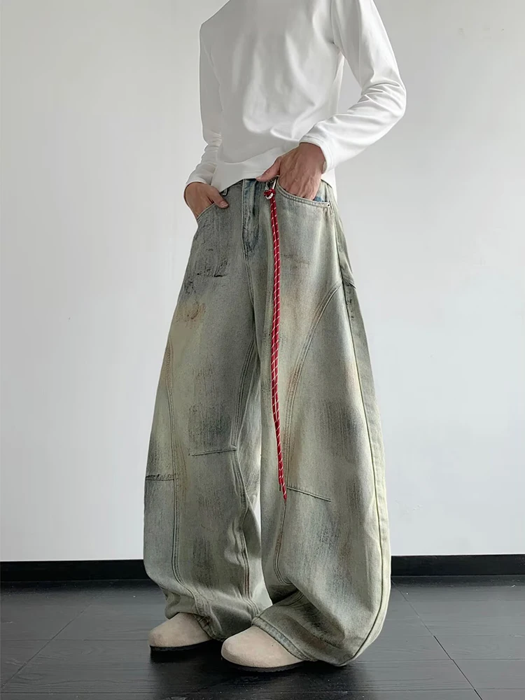 

Retro American Dirtied Denim Jeans Men's Trendy High Street Vibe Post-Apocalyptic Loose Wide Leg Pants Knife Design