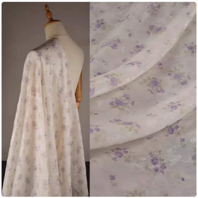 

Fresh Beige Bottom Purple Flower Jacquard Chiffon Fabric, Dress, Cheongsam Children Cloth Sewing Tissue, Soft Transparent, T2204