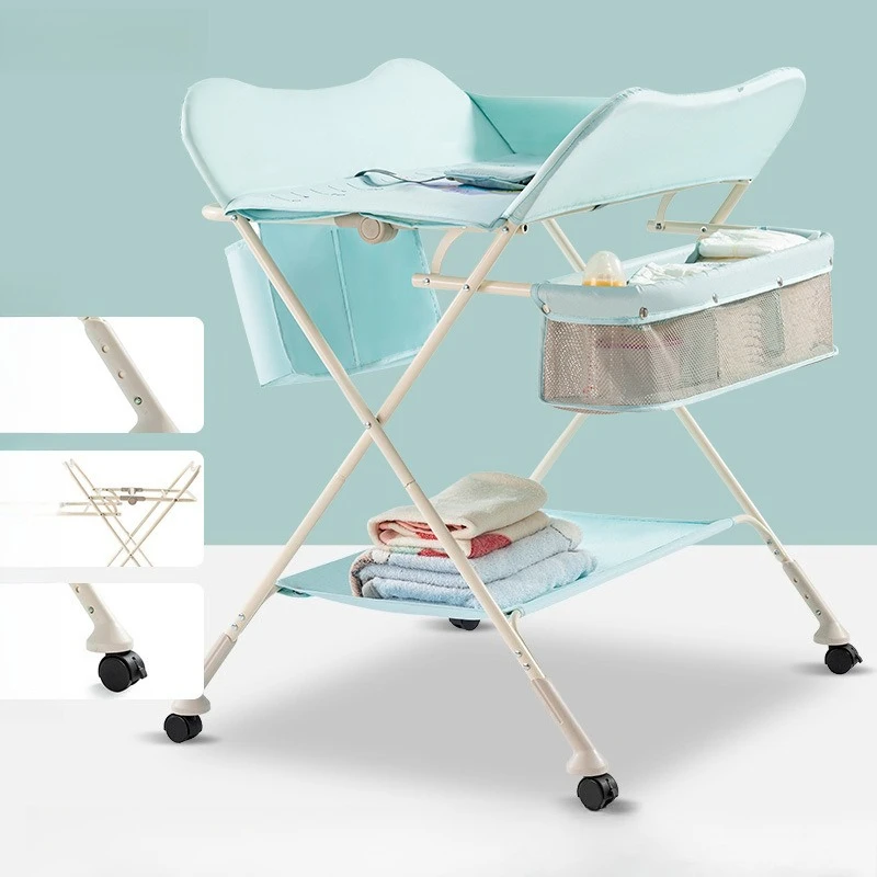Multi-Functional Nursery Table for Bathing 3-in-1 Adjustable Baby Care Station with 360° Wheels Storage Basket Foldable