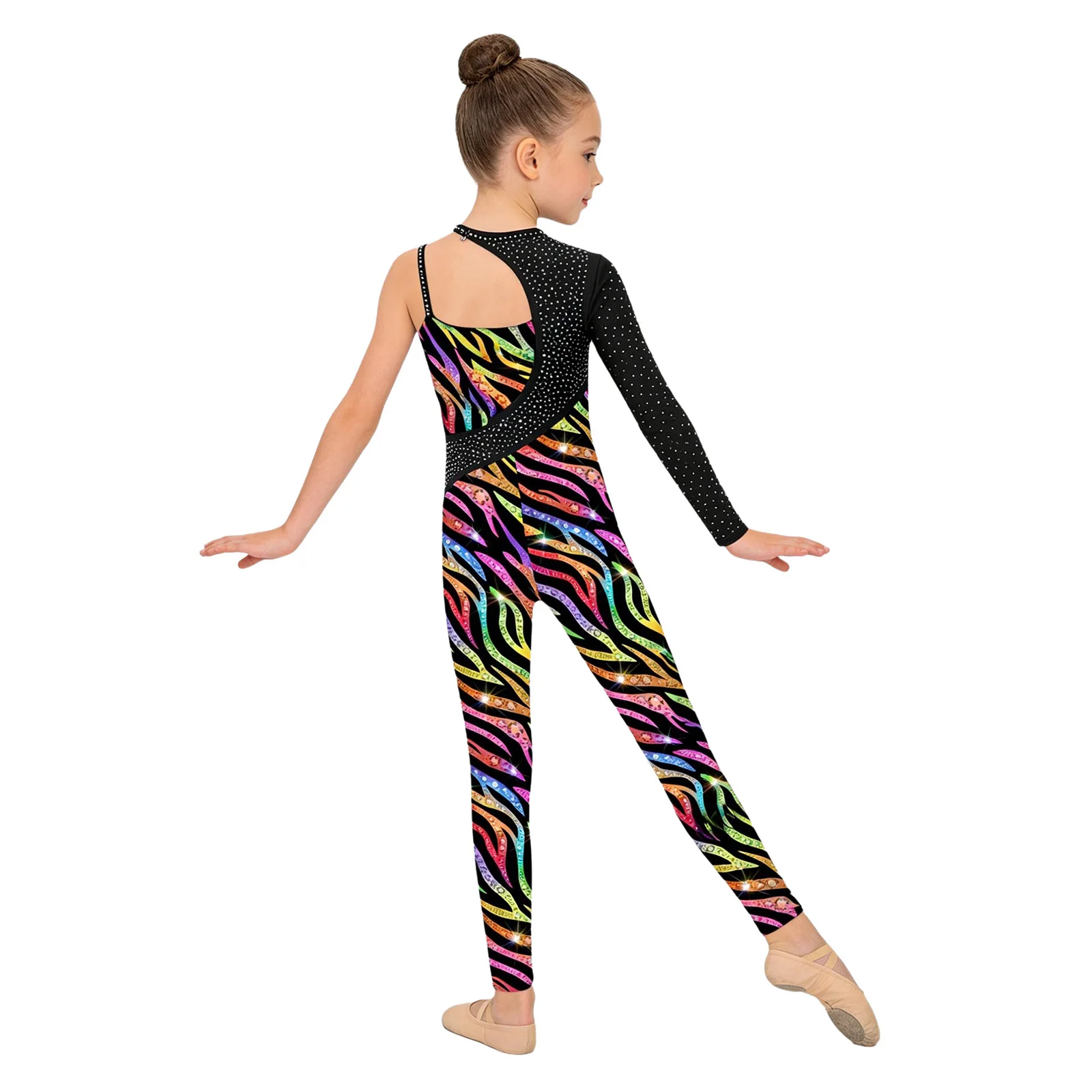 Kids Girls Print Gymnastics Jumpsuits Performance Costume Rhinestones Asymmetrical Figure Skating Ballet Dance Leotard Dancewear