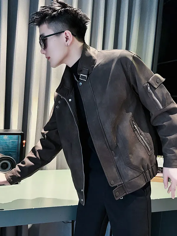 

Мужская байкерская куртка Slim Fit из искусственной кожи, весна-осень Sle Street Faion, верхняя одежда высокого класса, корейская версия, мотоциклетное пальто