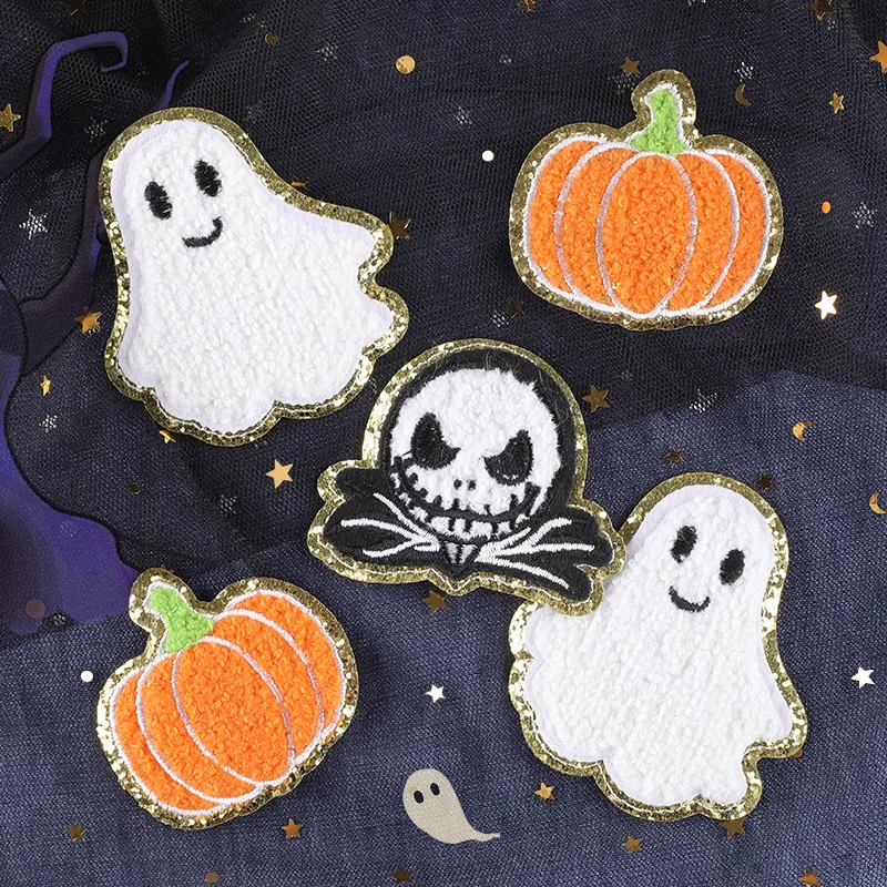 Halloween Pumpkin Ghost Towel Embroidery Patch Gold Edge DIY Iron On Patches For Clothes Sewing Badge Label Clothing Accessories