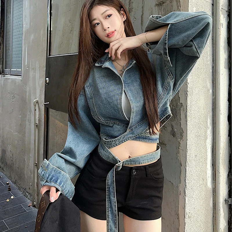 Vintage Turn-Down Collar Criss-Cross Jeans Jacket Coat Women Long Sleeve Denim Coat Cropped Tops