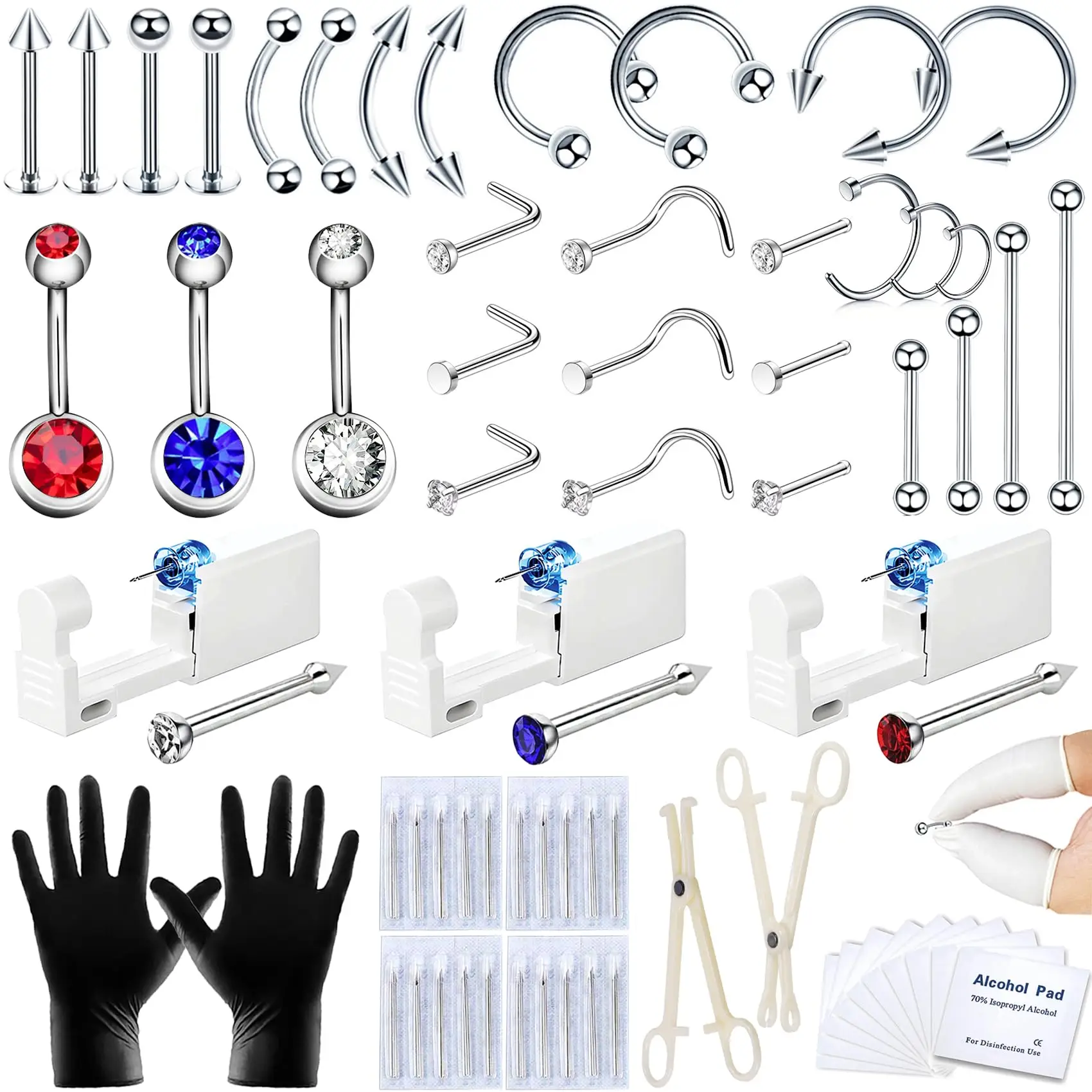70 Pcs Body Jewelry Kit for Nose Piercing Gun Stainless Steel with 12G 14G 16G 20G Piercing Needles for Ear Nose Lip Eyebrow