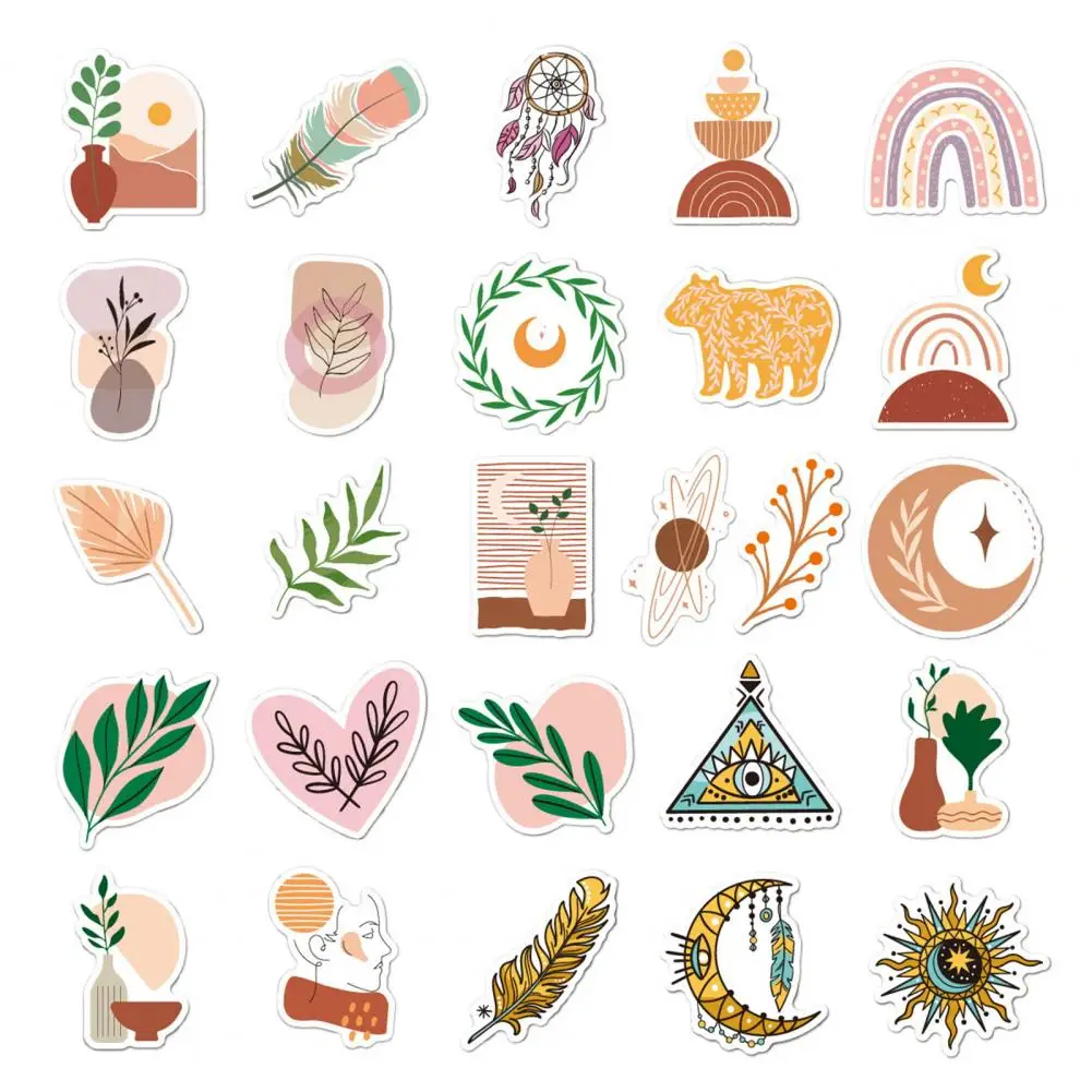 Pegatinas de papelería para piezas, pegatinas de dibujos animados de arte bohemio, impermeables, para ordenador portátil, equipaje, monopatín, teléfono y maleta, 50 Uds.