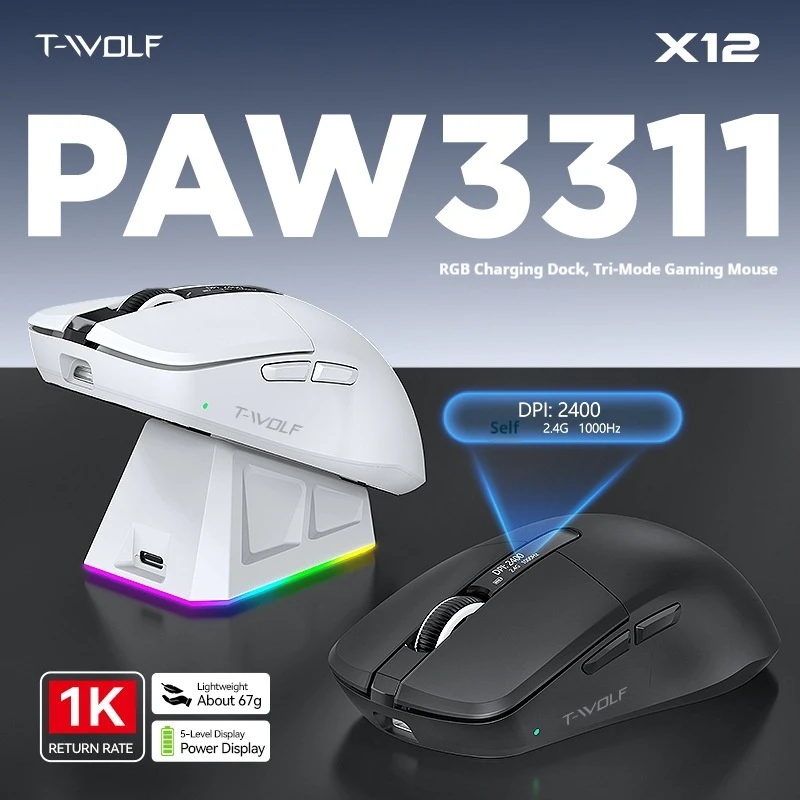 T-Wolf X12 Wireless Gaming Mouse Tri-Mode PAW3311 12000DPI 1KHZ Lightweight RGB Charging Dock Power Display For PC Laptop