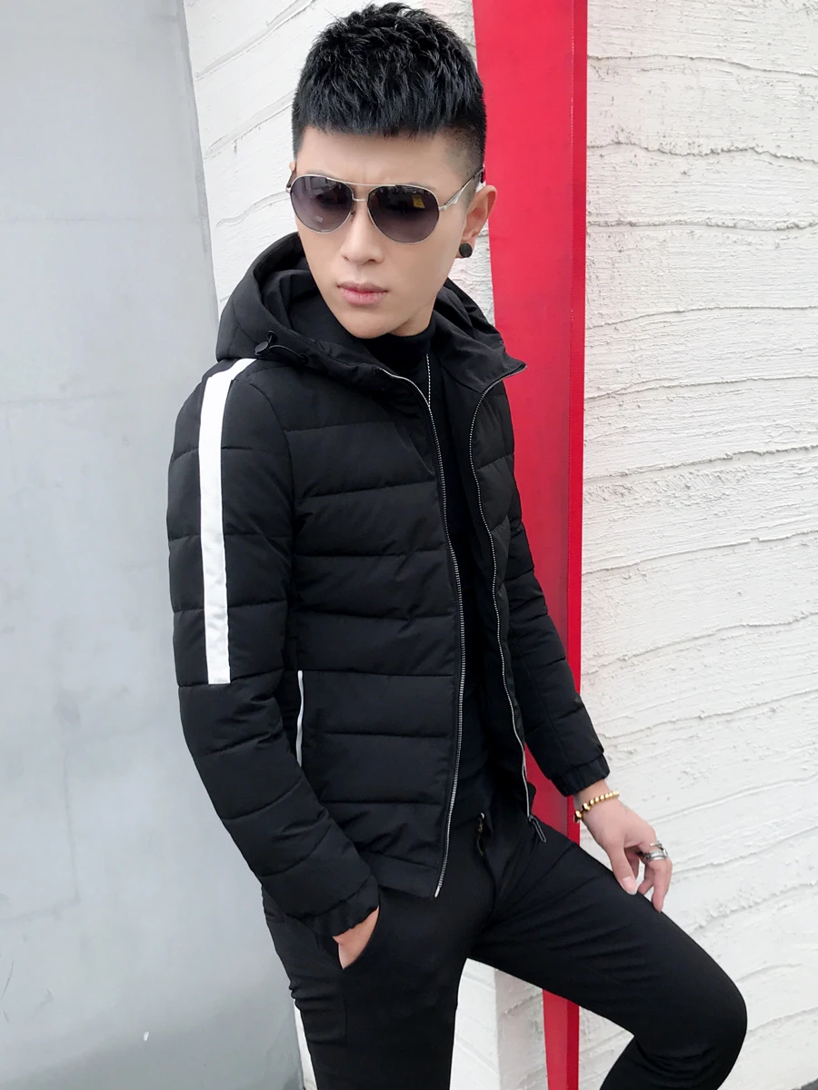 Casual Men's Cotton Jacket Winter Fashion Brand Slim Fit Hooded Youth Short Style Zipper Closure Warmth Lightweight Polyester