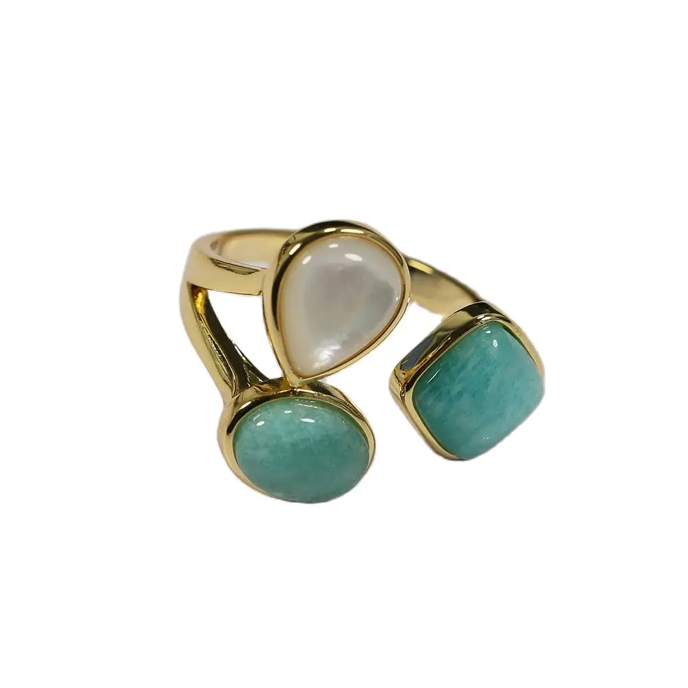 G-G Real Gems Blue Peruvian Amazonite Teardrop White Shell Pearl Ring Electroplated Rings Adjustable Simple Rings