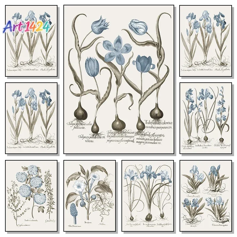 Retro Abstract Blue Various Flower Seedlings Root Green Leaves Poster Canvas Painting Wall Art Pictures Living Room Home Decor