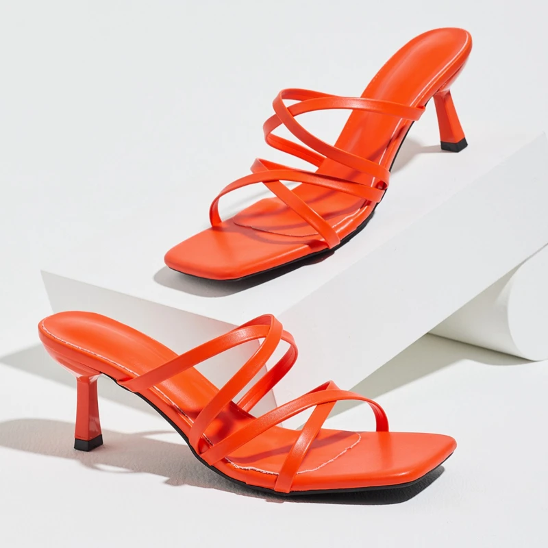 New Orange Cross Strap Square-Toe Mules Sandals Women Summer Open-Toe Slide Slipper Street-Style Designer Casual Shoes for Women