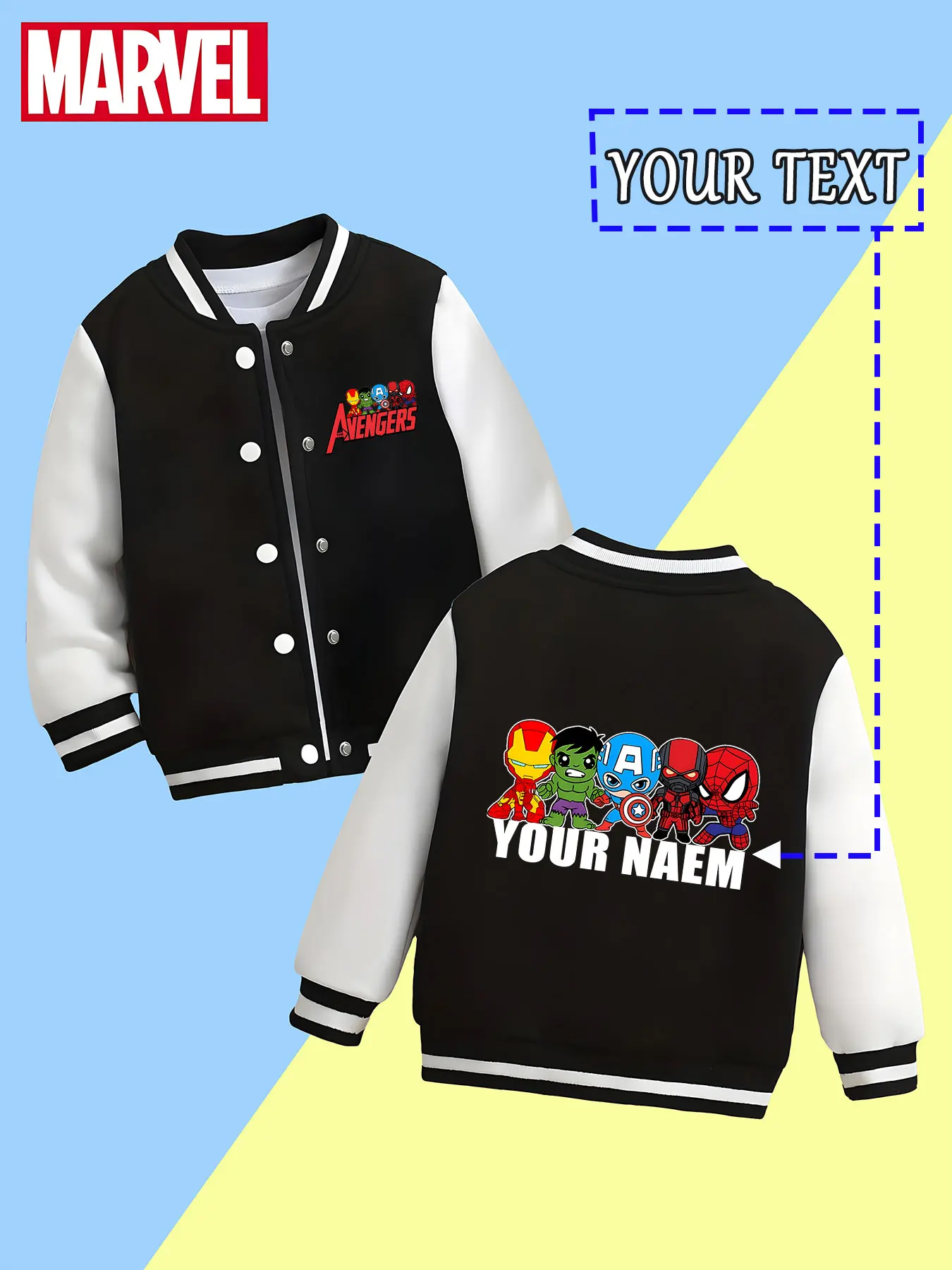 

MINISO Marvel Boys Baseball Jacket - Avengers Q-version hero print, cute and adorable, very colorful for daily wear in spring an
