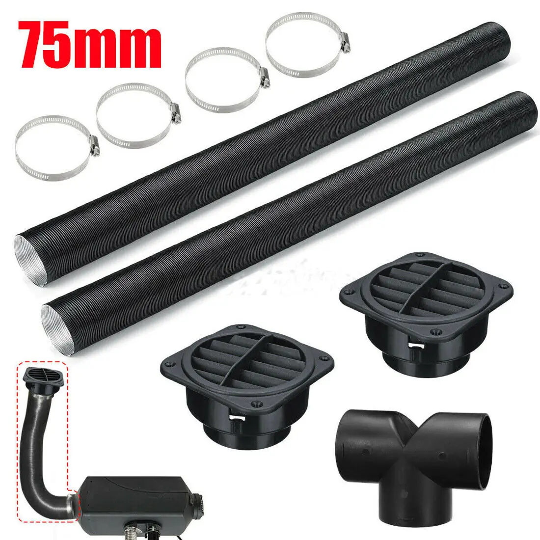 75mm Pipe Ducting T Piece + Warm Air Outlet Vent + Hose Clip For Diesel Heater