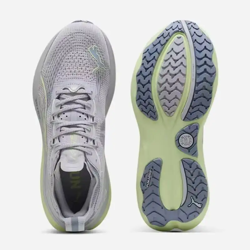 Men Puma 310109-21 Gray Lime Racing Running Shoes, Breathable Knit Light Cushion Athletic Sneakers For Marathon Jogging Training