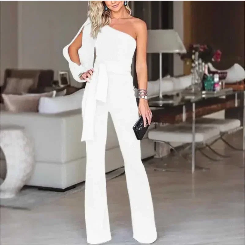 New women\'s single shoulder high waistband solid color slim fit sexy jumpsuit fashionable and versatile