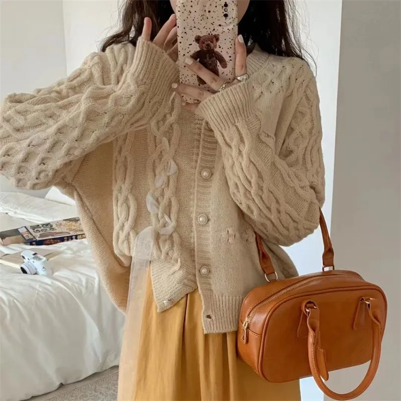 

Autumn and Winter Warm Harajuku Long Sleeve Knitted Cardigans Korean Pearl Button Thicken Sweater Coat Women's Y2K Cardigan Tops