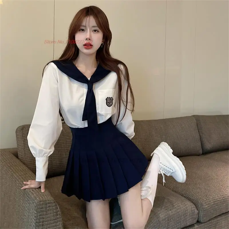 2024 full sleeve japanese school uniform girl sailor dress pleated skirt uniform college style school daily two-piece jk set