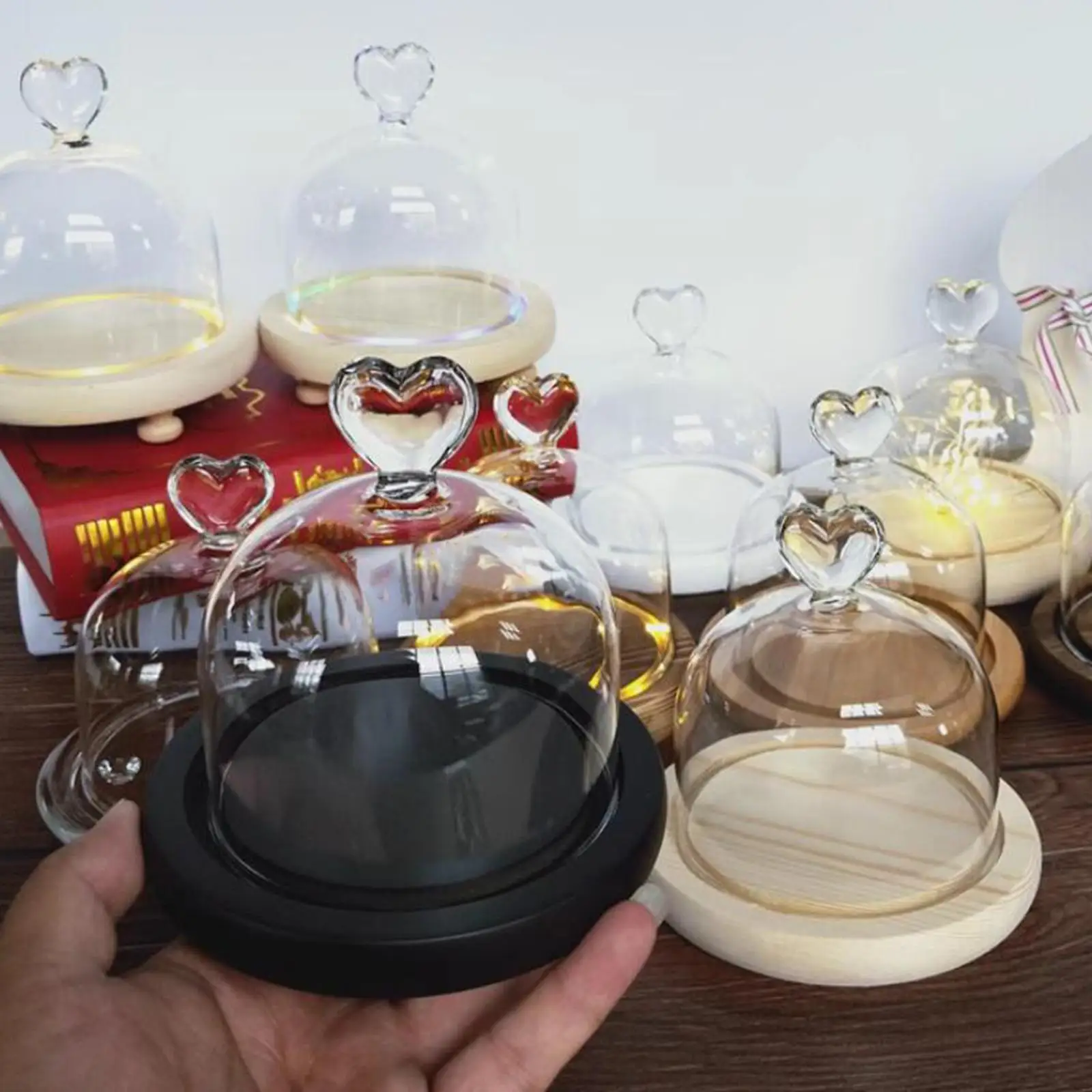 Protective Glass Dome Cover with Wood Stand for Valentines Gifts Tabletop Decorative Display