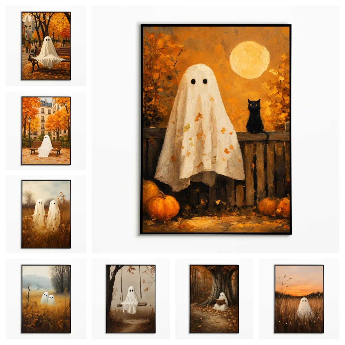 1PC  Autumn Town Forest Ghost Black Cat Pumpkin Poster  Halloween Retro Eerie Wilderness Wall Art  Frameless Canvas Printing