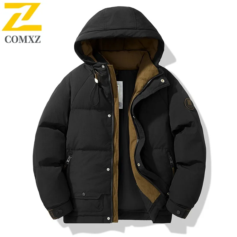 سترة COMXZ للرجال عالية الجودة بغطاء للرأس للمغامرة الخارجية مقاومة للرياح سترة دافئة بلون سادة للمشي لمسافات طويلة معطف شتوي خفيف الوزن