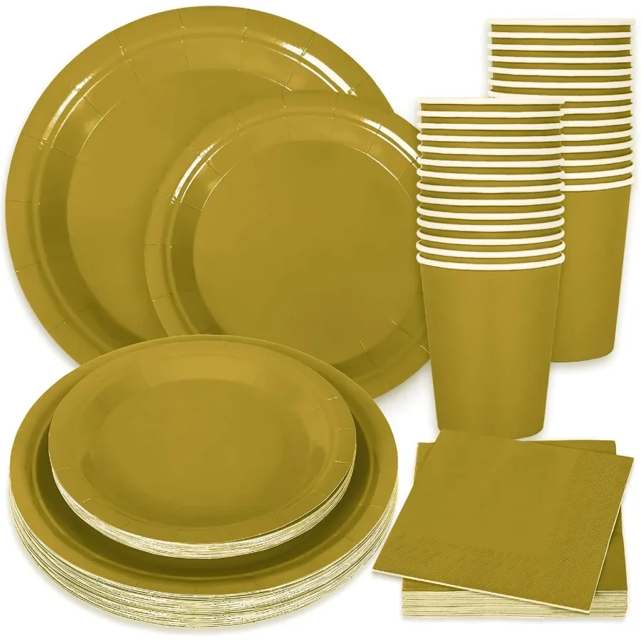 100Pcs Gold Tableware Set for Wedding Birthday Bride Shower and Party Supplies Disposable Dinnerware with 50Pcs Paper Plates 25
