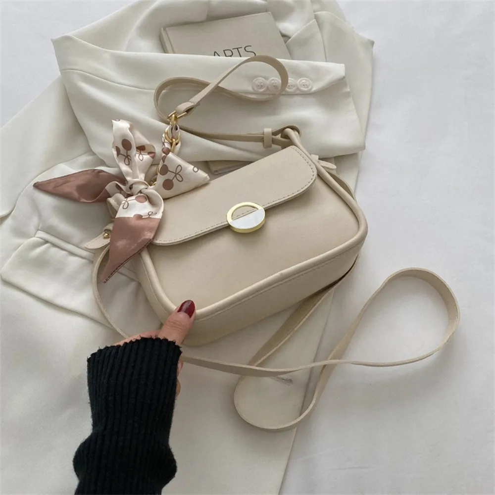 PU Leather Shoulder Bag Large Capacity with Ribbon Small Square Bag Carrying Solid Color Chain Crossbody Bag