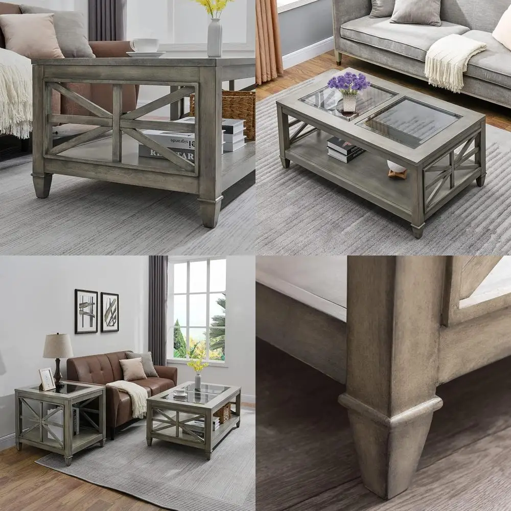 

Двухуровневый журнальный столик из цельного дерева в винтажном стиле с закаленным стеклом, 45,5x26, античный серый, подходит для гостиной, офиса и кафе