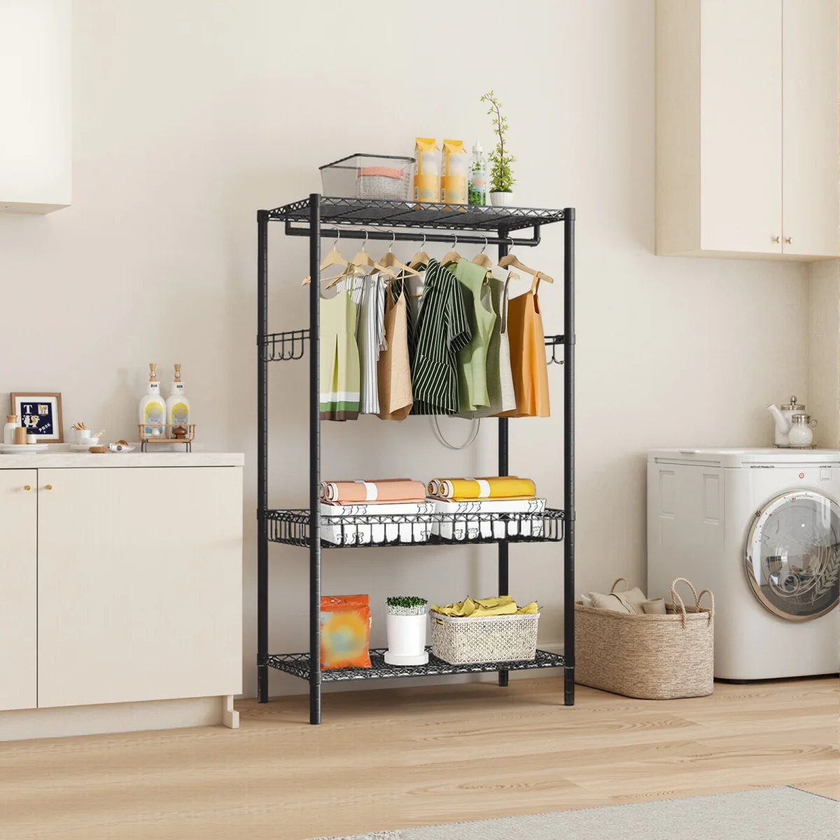 Metal Garment Rack Clothes Rack For Hanging Clothes Adjustable Wire Clothing Rack With Storage Shelves And Hang Rod