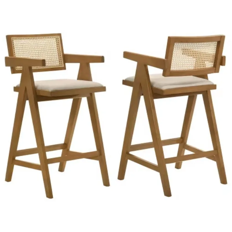 Modern Coffee Cafe Shop Armrest High Counter Kitchen Restaurant Wood Rattan Dining Bar Chair((Set of 2))