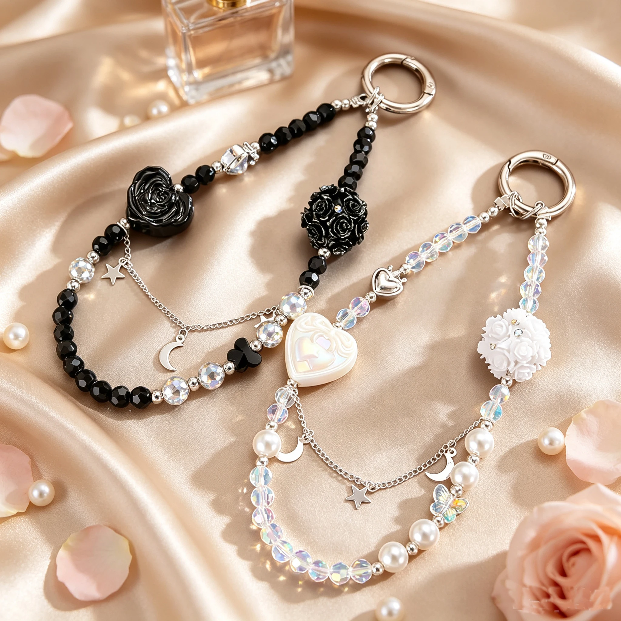 Exquisite Pearl Beaded Camellia Hydrangea Keychain with Moon Star Charms, Stylish Phone Lanyard Bag Pendant Jewelry Gift for Her
